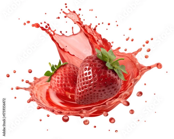 Fototapeta Two ripe strawberries splashing into a vibrant red liquid against a black background