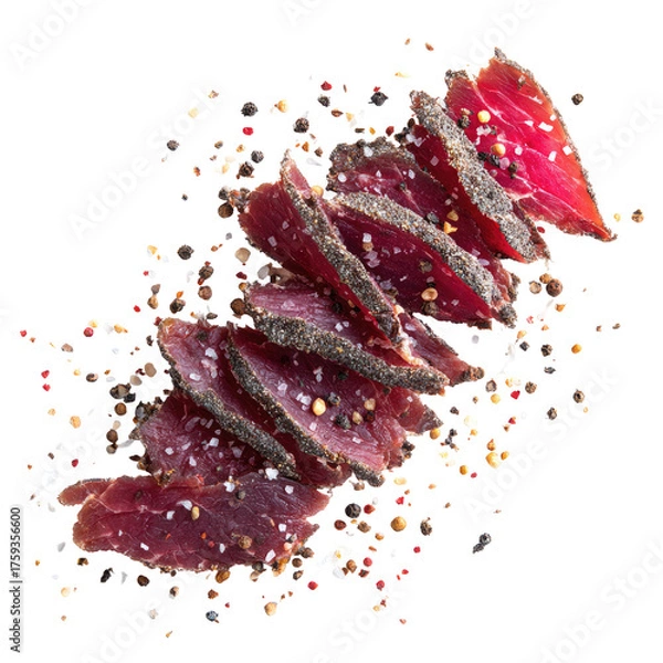 Obraz Sliced, cured meat with pepper, arranged against a transparent background