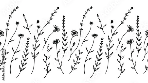 Fototapeta Doodle style floral border with flowers and leaves in black and white simple line art illustration silhouette