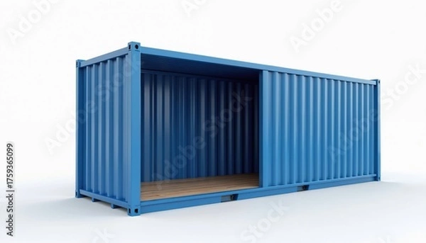 Fototapeta Blue shipping container is empty and open. It is a metal box for global trade and industrial transport. This cargo unit awaits goods for storage or delivery.