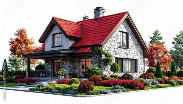 Fototapeta Two-story stone house with red tile roof large windows wooden entrance and landscaped garden for editorial architecture photography real estate elegance and rustic-modern design-themed visuals