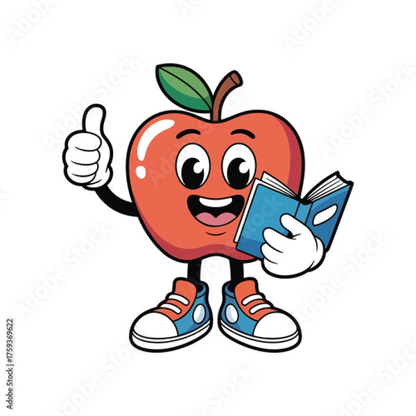 Obraz Cheerful Apple Character with Books – Fun Education Illustration