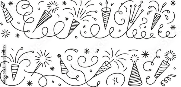 Fototapeta Black and White Decorative Border with Party Poppers and Confetti celebration festive