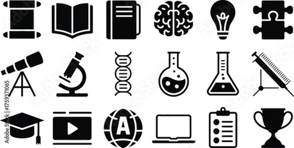 Fototapeta Black Silhouette Icons for Science Education and Achievement scroll icon open book icon