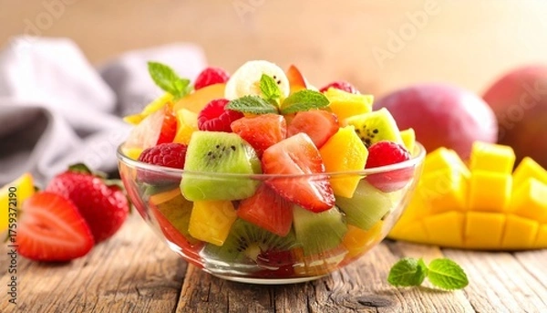 Obraz Colorful fruit salad with kiwi mango berries and mint garnish in glass bowl on wooden surface for editorial food photography healthy eating and culinary freshness-themed visuals