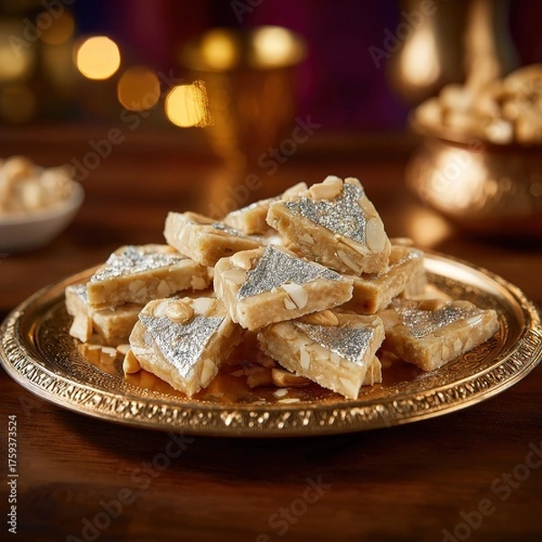 Fototapeta Gulab jamun on an ornate golden plate. Rich texture, warm lighting, and cinematic close-up capture the authentic beauty of this traditional Indian dessert in a luxurious style.