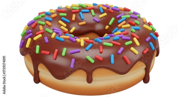 Fototapeta Delicious chocolate frosted donut with vibrant sprinkles on a clean black background