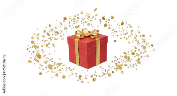 Fototapeta Elegant red gift box with golden ribbon surrounded by festive confetti on black background