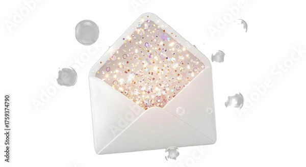 Fototapeta Envelope filled with sparkling confetti floating on a black background in celebration