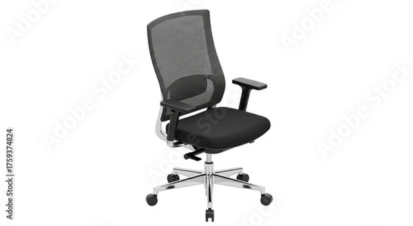 Fototapeta Ergonomic office chair with mesh back and adjustable arms isolated on black background