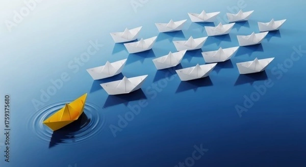 Obraz Leadership and strategic vision conveyed by a paper boat guiding others