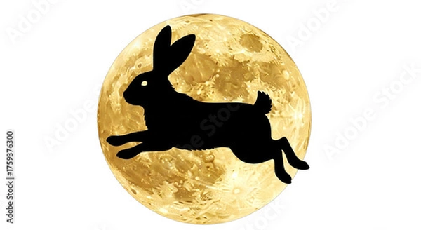 Fototapeta A silhouette of a rabbit leaping across the full moon against a black background