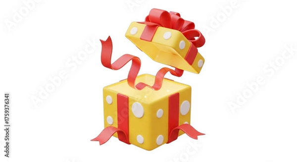 Fototapeta A Vibrant Yellow Gift Box with Polka Dots and Red Ribbon Delightful Surprise