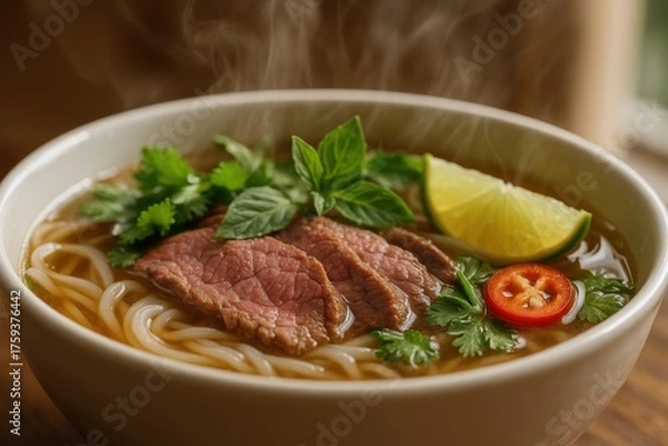 Fototapeta Traditional Vietnamese Pho Noodle Soup with Beef. AI Generative.