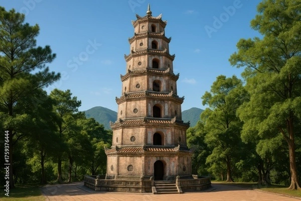 Fototapeta Ancient Vietnamese Pagoda Surrounded by Green Trees. AI Generative.