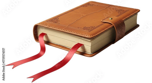 Fototapeta Antique Leather Book with Red Ribbon Bookmarks on a Black Background Detailed Illustration