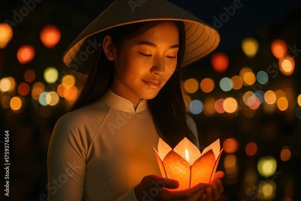 Fototapeta Vietnamese Woman at Hoi A Lantern Festival. Traditional Lantern Ceremony. AI Generative.
