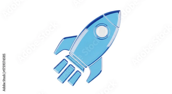 Fototapeta Blue glass rocket ship taking off representing startups innovation and technological advancement on black background