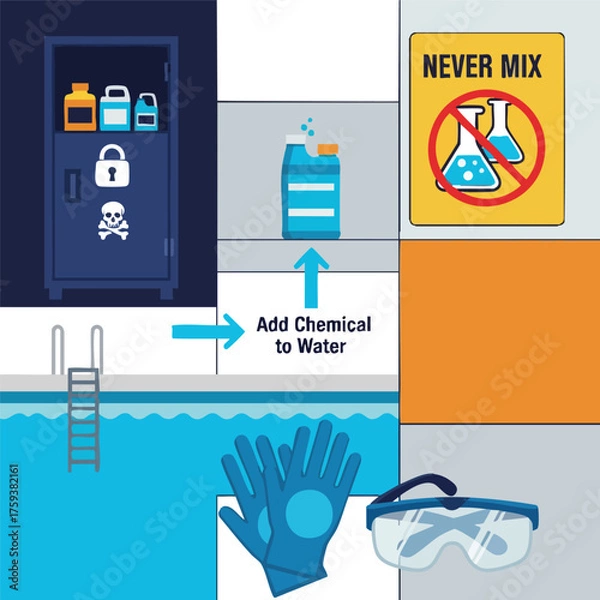 Fototapeta Safety guidelines and personal protective equipment for handling and storing swimming pool chemicals.