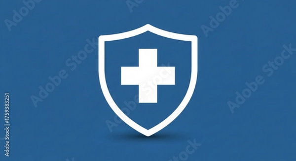 Fototapeta White shield with a cross in the center on a blue background, symbolizing protection, security, and health