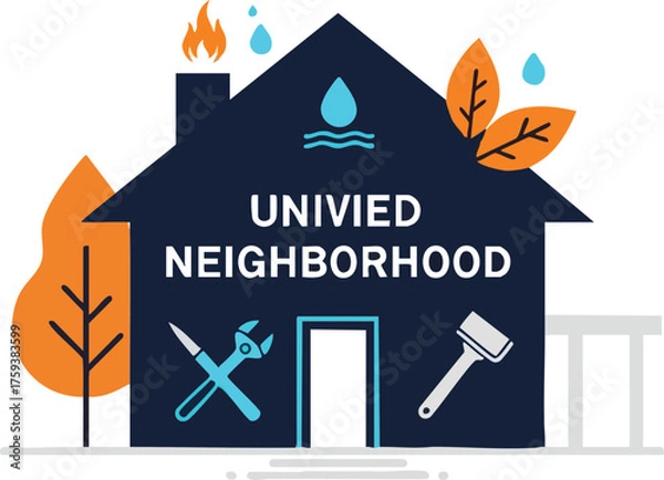 Fototapeta Illustration of a dark blue house with 'UNIVIED NEIGHBORHOOD' text, featuring icons for fire, water, and various home repair tools, surrounded by autumn leaves.