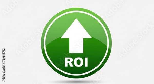 Fototapeta Green circle with white arrow pointing up and roi text, symbolizing a positive return on investment