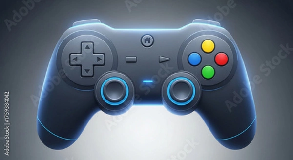 Fototapeta A sleek black gamepad with colorful buttons and a glowing blue outline, perfect for gaming enthusiasts and digital entertainment concepts