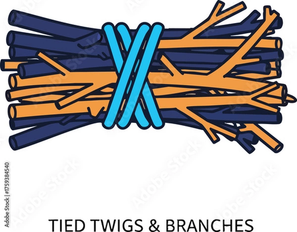 Fototapeta A bundle of twigs and branches tied together with a blue string, ready for use.