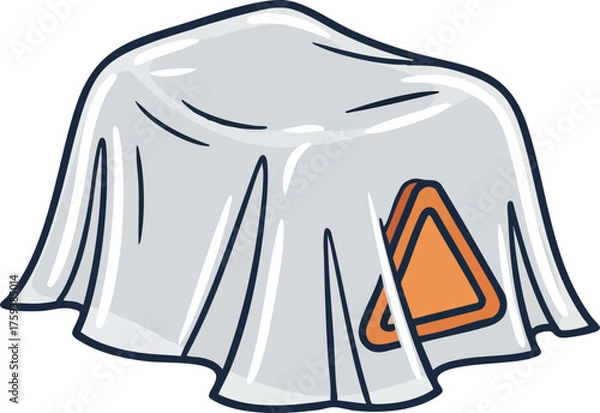 Fototapeta A mysterious object concealed under a gray cloth, with an orange triangle peeking out from underneath.