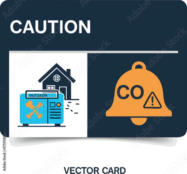 Obraz Caution sign for carbon monoxide poisoning prevention, showing a generator used outdoors near a house and a CO alarm bell.