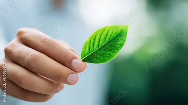 Fototapeta Person holds green leaf in hand hand cradles vibrant green leaf showcasing nature s beauty