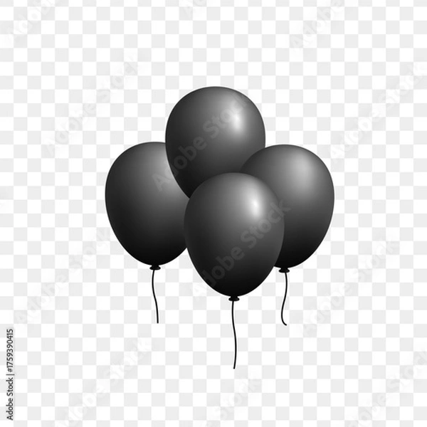 Fototapeta Group of Black isolated balloon with glossy surface and short string for celebration or invitation and sale promotion design