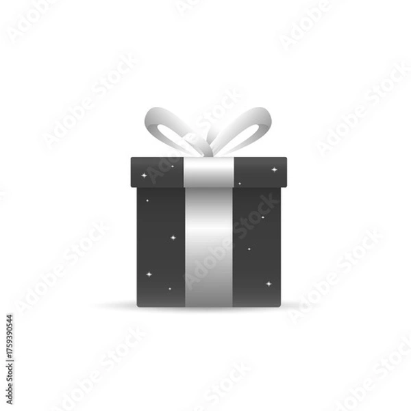 Fototapeta Black Gift box with white ribbon and glitter shine surface isolated on white background