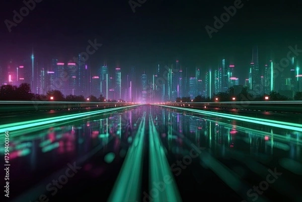 Fototapeta Futuristic city reflected on sleek, neon-lit highway