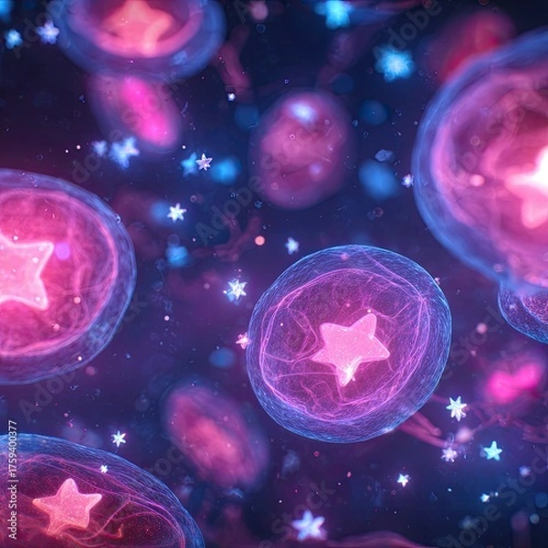 Fototapeta Glowing stars encased in jelly-like orbs float in deep space