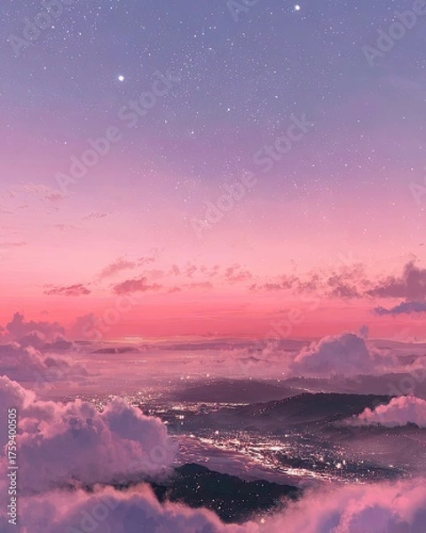 Fototapeta Aerial view of city lights below clouds, pink sunset sky