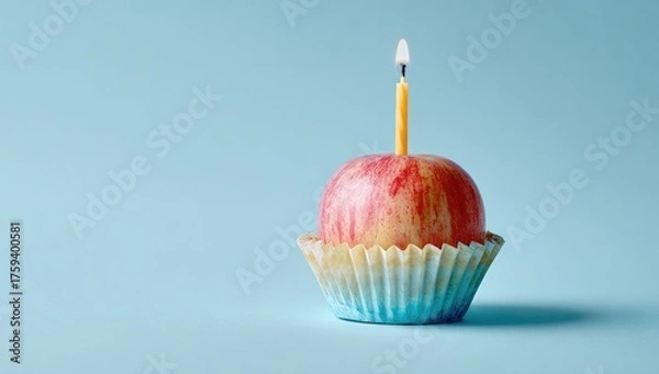 Obraz Apple 'cupcake' with lit candle on blue