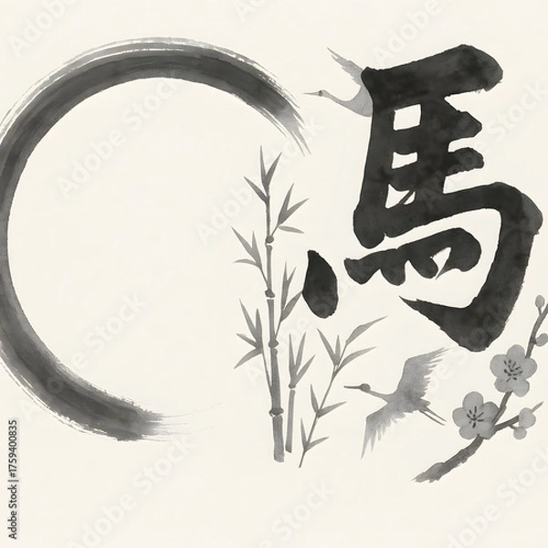 Fototapeta 墨絵風の馬の漢字と和風自然モチーフの背景