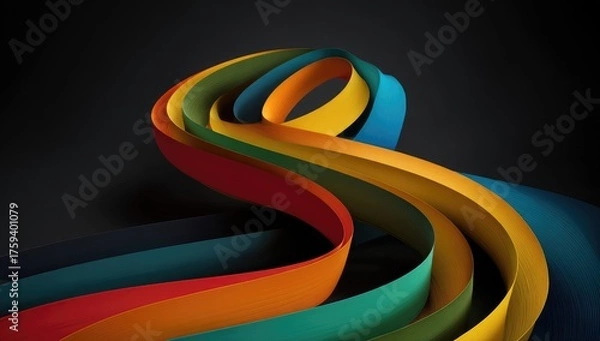 Fototapeta Curving, colorful paper strips over a dark gradient background