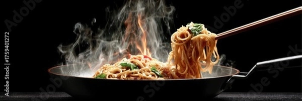 Fototapeta Steaming noodles in pan, picked with chopsticks