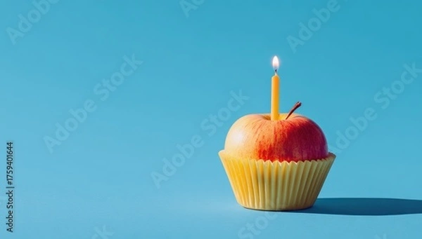 Fototapeta Apple "cupcake" with lit candle, vibrant blue background