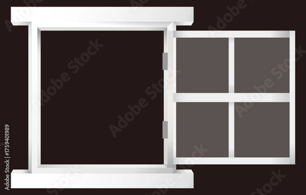 Obraz 白色の窓のイラストレーション。片側に窓が開いている状態。白背景にベクターイラスト。