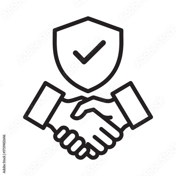 Obraz Handshake with shield icon vector line illustration for business partnership security agreement