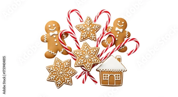 Obraz A delightful array of homemade holiday gingerbread cookies and candy canes, showcasing festive sweetness crafted from whisked ingredients, perfect for celebrating the season