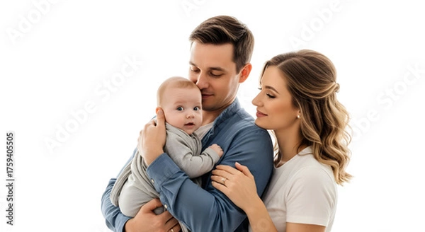 Obraz Joyful new parents share a loving moment with their infant child, capturing the tender embrace and happiness of a young family bonding in a bright studio setting