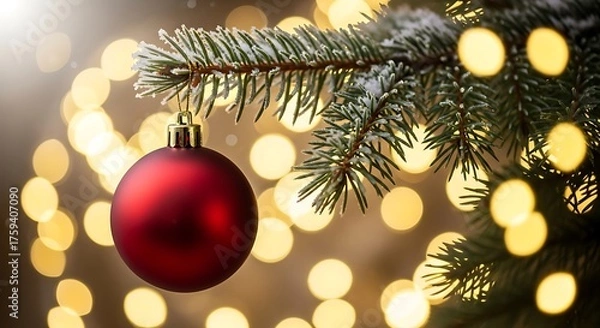 Fototapeta Single red christmas ornament hangs on a frosted pine branch with bokeh lights