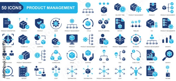 Fototapeta Product management collection icon set. cost, quality, delivery time, product, pay, consumer, thumbs. Simple flat vector.