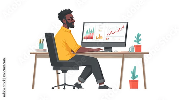 Fototapeta business man working on laptop on White background