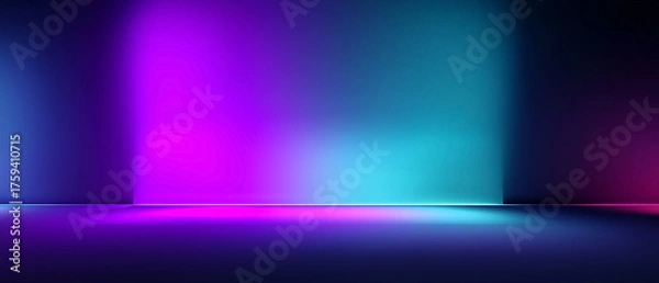Fototapeta Modern futuristic neon room with glowing purple and blue gradient lights illuminating the walls and floor. Abstract background is perfect for digital design and technology