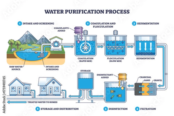 Fototapeta Water purification process illustrated, raw intake to filtration, disinfection, and storage, with tanks, pipes, and filters guiding flow to homes. Outline diagram
